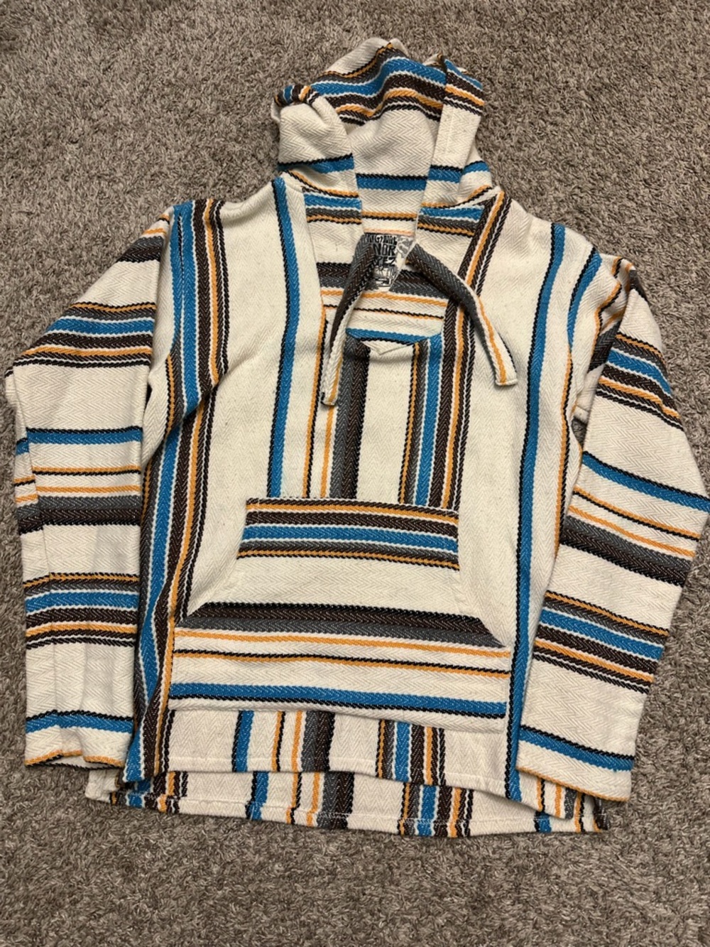Men's Cream Striped Crewneck Baja Pullover with Blue & Brown Accents